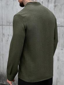 Manfinity CasualCool 男士白色竹编结亚麻质感圆领半开襟长袖套头衫，秋季款……男士休闲上衣 男士休闲长袖衬衫 男士亨利衫长袖衬衫 男士时尚上衣 - 軍綠色 - 查看 2