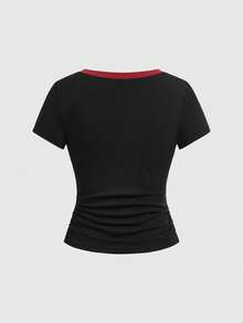 ROMWE Avant Women's Retro Chinese Style 2 In 1 Open Front Dragon & Cloud Print T-Shirt - Black - View 2