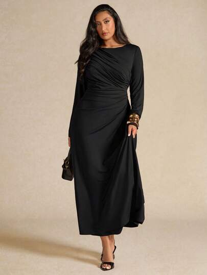 SHEIN BAE Plus Size Women's Elegant Long Sleeve Pleated Dress, Yellow, Autumn/Winter