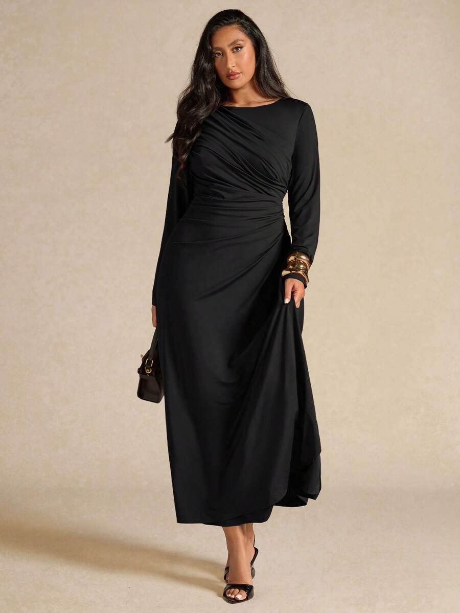 SHEIN BAE Plus Size Women's Elegant Long Sleeve Pleated Dress, Yellow, Autumn/Winter - Black - View 1