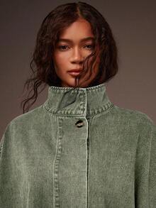 Athîral 女士单排扣宽松休闲牛仔斗篷外套 - 綠色 - 查看 5