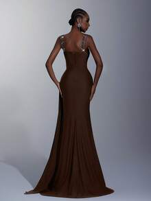 Elitara Váy đuôi cá bandeau kim loại đính đá 3D thủ công sang trọng thanh lịch với eo nhún, vải voan mỏng và chân váy xếp nếp xếp tầng, phù hợp cho những dịp trang trọng, đám cưới, tiệc tùng - Cà phê nâu - Xem 4