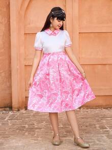 SHEIN Vestido de niña con parches florales dulces, atuendo para fiestas y reuniones de primavera/verano, elementos florales que presentan un ambiente alegre y adecuado para festivales y eventos familiares - Rosa - Ver 6