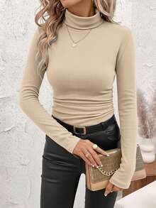SHEIN Clasi 女士休闲杏色罗纹加绒高领修身加厚长袖T恤，适合秋冬季节，百搭实用 - 卡其色 - 查看 4
