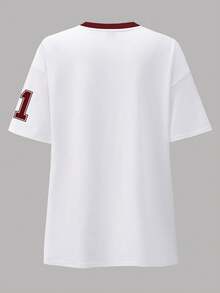 INAWLY 女士夏季数字印花V领短袖休闲T恤图案T恤女式上衣 - 紅色 - 查看 2