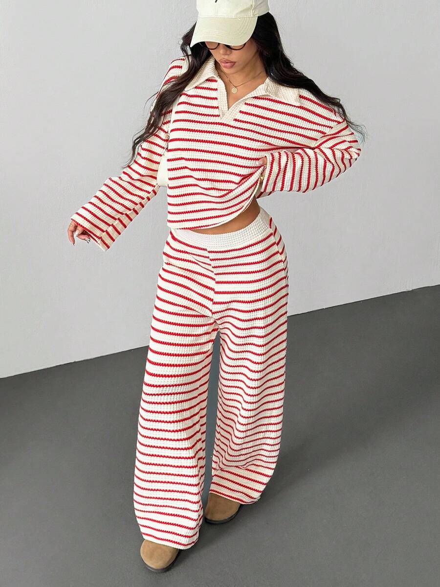 SHEIN PETITE Women's 2pcs Set Loose Striped V-Neck Drop Shoulder Long Sleeve T-Shirt &Elastic Waist Striped Pants, Winter Sweater Suit ,Autumn/Winter Two Pieces Pant Set 2 Pieces Lounge Sets Women Women Two Pieces Sets Striped Two Pieces Set Two Piece Pant Set 2 Piece Lounge Sets Woman Striped Two Piece Set Women S Two Piece Sets - Multicolor - View 1
