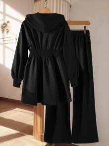 Modelyn Burgundy Slimming Zip-Up Hooded Casual Long Sleeve Jacket & Pants 2 Pieces Set For Women, Autumn/Winter - Black - View 2