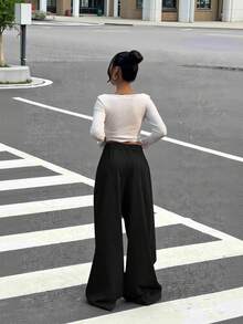 Muchica 女士黑色阔腿宽松交叉裹身休闲裤