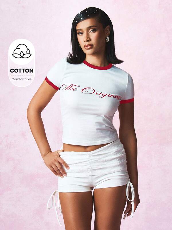 SUMWON WOMEN Original Slogan Graphic Baby Ringer Tee Short Sleeve Fitted Retro Style Classic Summer Casual Crop Top Fashion Statement Wear