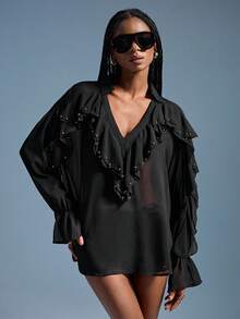 Aveloria GENKIRA Women's Copper Gold Pearl Rivet Ruffle V-Neck Loose Sheer Chiffon Collared Casual Blouse, Spring/Summer - Black - View 3