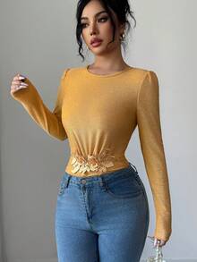 Elenzga Women's Fashionable Crew Neck Tie-Front Long Sleeve Bodysuit - Orange - View 4