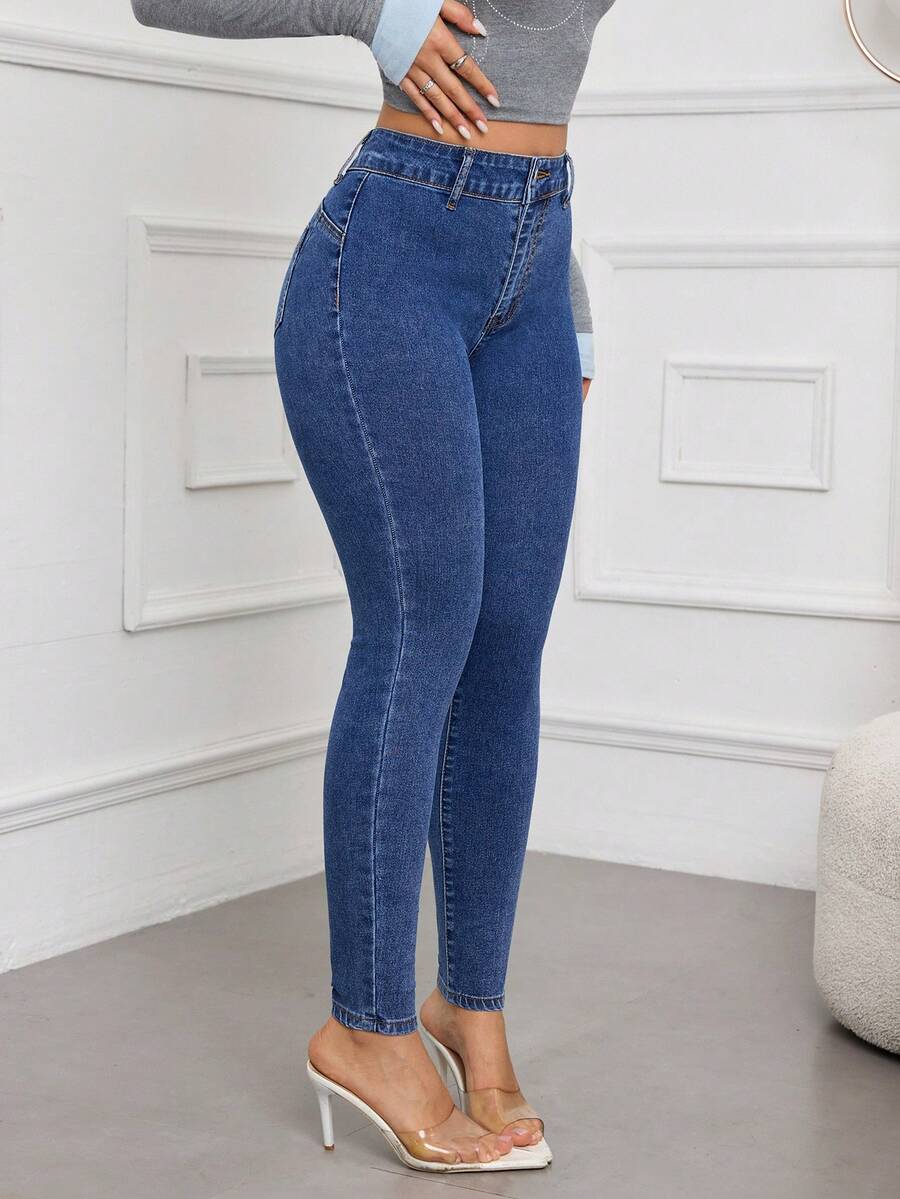 SHEIN Essnce Quần jean ôm vừa vặn, dễ mặc, thoải mái khi đi làm - Màu xanh lam - Xem 1