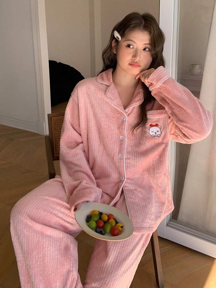 Dazy Plus Plus Size Women Casual Thermal Lined Cute Pattern Loose Sweatshirt And Pants Pajama Set, Autumn/Winter