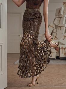 Anewsta 夏季、海滩、节日、假日优雅绳结钩针镂空刺绣金属金色点缀 A 字裙 - 棕色 - 查看 1