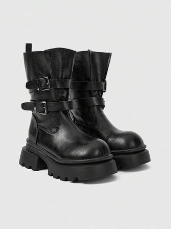 Grunge Punk بوت نسائية عصرية متعددة الاستخدامات ذات سُمك في الأربطة والنعل الوسطي للركبة