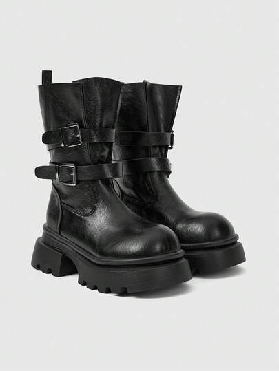 Grunge Punk Botas de media pantorrilla con suela gruesa y hebilla, versátiles para el uso diario de las mujeres