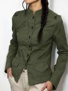 女式长袖绿色休闲户外衬衫，秋季 - 軍綠色 - 查看 3