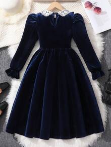 Sparklyn 少女丝绒连衣裙，黑色，刺绣领，优雅时尚，适合派对、秋冬季节穿着，可爱撞色领口贴花，假日、夏季、旅行皆宜。 - 藏蓝色 - 查看 2