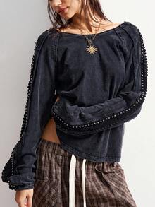 Bohemela Áo thun nữ cổ thuyền tay dài dệt kim màu trơn, rộng rãi, giặt được, thích hợp cho mùa đông, Giáng sinh, tiệc năm mới - màu đen - Xem 2