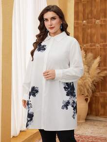 Lacomfia 大码印花长袖休闲长衬衫 - 白色 - 查看 6