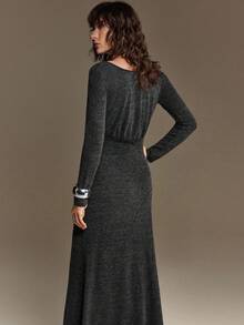 Ontre 2026SS Women's Long Dress, Party & Vacation Dress, Women's Super Long Dress, Advanced Minimalist Design Versatile Daily Wear, Dark Gray, Soft Knit Fabric, U-Neck, Fitted Silhouette, Waist Cinched, Elegant & Simple, Women's Extra Long Dress, Business Casual, Commute, Daily Wear, Spring/Summer, Korean Style, Design, Vacation Party, Wedding Guest Attire, Fashionable Versatile Women's Dress - Dark Grey - View 3