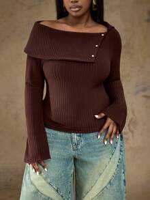 Truni Plus Size Women's Oblique Shoulder T-Shirt,Large Collar Metal Buckle Stretchy Knit Top,Brown,Autumn,Elegant,Night Out Club,Pear Triangle - Brown - View 8