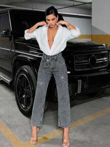 SHEIN Tall High Waist Pearl Slant Pocket Slim Straight Jeans Mom Jeans For Women High Waist Jeans Rhinestone Denim Women Jeans High Waist Rhinestone Jeans - Dark Grey - View 3