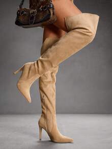 CUCCOO SZL 女士尖头侧拉链设计时尚百搭高跟过膝长靴 - 杏色 - 查看 8