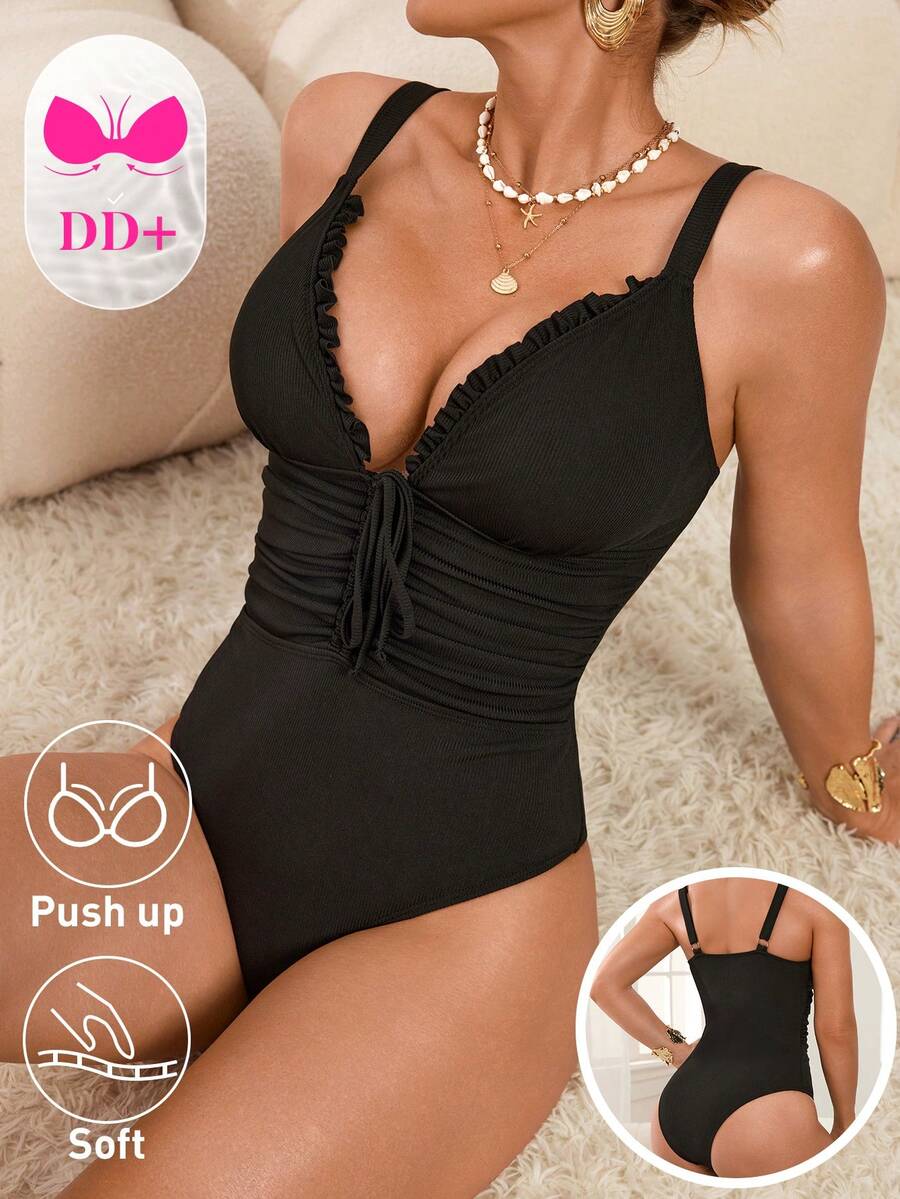 Swim DD+ 1 buah Baju Renang Terusan Wanita Warna Polos, Cocok untuk Pantai/Resor - Hitam - View 1
