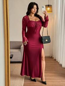 Flirla Bodycon-Kleid mit Schlitz in Rot und Spitze-Patchwork für Damen in Große Größen, minimalistisch & elegant für Partys - Rot - Übersicht 7