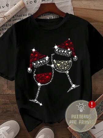 EMERY ROSE Plus Size Christmas T-Shirt, Plus Size Streetwear T-Shirt, Graphic Short Sleeve Tee, Cute Summer Top