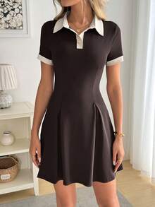 Easowa 翻领高领撞色腰部褶裥A字下摆短袖休闲宽松优雅通勤复古连衣裙，适合秋冬季穿着。 - 巧克力棕 - 查看 5