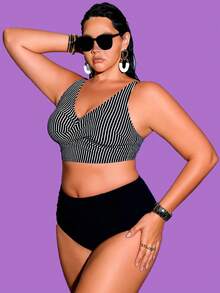 Shapewave Plus Size 2pcs Nylon Ribbed Fabric Crisscross Front Crop Top And High Waist Triangle Bottoms Casual Swimwear Set - Multicolor - View 4