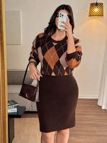Vionelle Autumn/Winter Round Neck Long Sleeve Argyle Pattern Patchwork Solid Color A-Line Dress, Fashionable Retro Plus Size Sweater Dress Sweater Dresses For Women Knit Two Piece Set Brown Bodycon Dress Brown Two Piece Set Women Plaid Two Piece Set - Coffee Brown - View 7