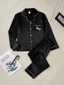 男童睡衣套装 - 翻领长袖纽扣上衣搭配长裤，黑色撞色滚边，四季皆宜，2026新年必备，百搭舒适，保暖又可爱 - 黑色 - 查看 3