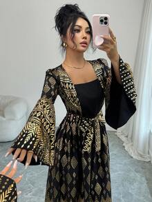 Rafferiza 女士优雅方领金色箔印花卉图案喇叭袖连衣裙，秋季 - 黑色 - 查看 3