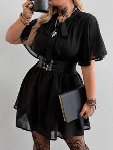 Whyspr Plus Size Solid Color Chiffon Waist Gathered A-Line Ruffle Sleeve Spring/Summer Dress - Black - View 7