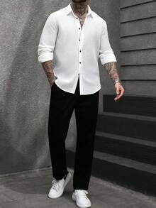 Manfinity Homme 男士白色休闲亚麻长袖衬衫 - 白色 - 查看 4