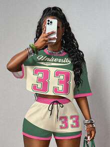 Slaydiva Women's Casual Colorblock Numeric Print Short Sleeve Top And Shorts Set/ Summer/Fall Clothes For Women/Y2k Clothes/Going Out Outfit/Back To School/Loungewear/2 Pieces Set Women/Color Matching&NO.33 Graphic - Multicolor - View 3