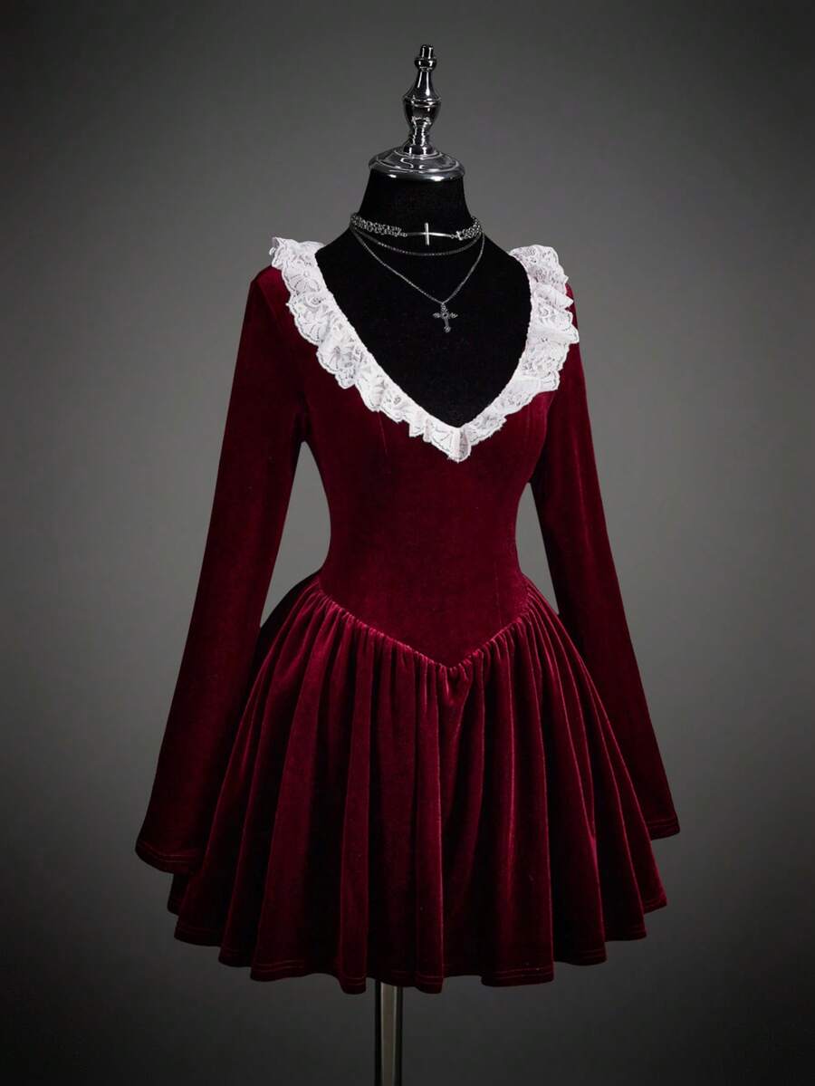 SHEIN ICON 修身复古风深V领长袖迷你连衣裙（女款） - 紅色 - 查看 1