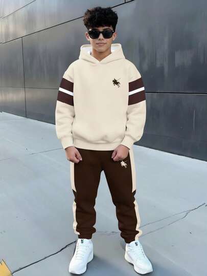 Teen Boy Casual Minimalist, Fashion Classic, Cool Style, Pony Logo, American Retro, Sporty, Color Blocking, Loose Comfortable Long Sleeve Hoodie Set, Suitable For Autumn/Winter