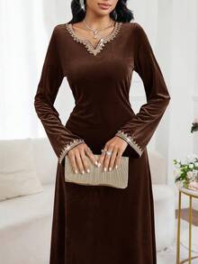 Al Najma Elegant Velvet Long Sleeve Modest Dress, Arabic Style For Women - Brown - View 6