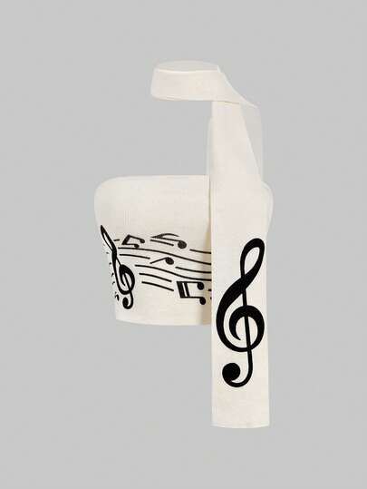 ROMWE Avant 2 pezzi Set di maglione e sciarpa donna con nota musicale in stile Y2K