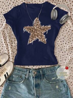 Vintage Street Sports Collegiate Leopard Print & Star Pattern, Tween Girl Slim Fit Casual Minimalist Comfortable Round Neck Long Sleeve T-Shirt, Suitable For Layering Or Outerwear, All Seasons