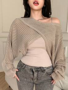 DAZY 2pcs Knitted Cover Up & Camisole Set, Casual Elegant Design Criss-Cross Knit Top, Fitted Women Sweater, Suitable For Autumn, Spring, Summer - Khaki - View 8
