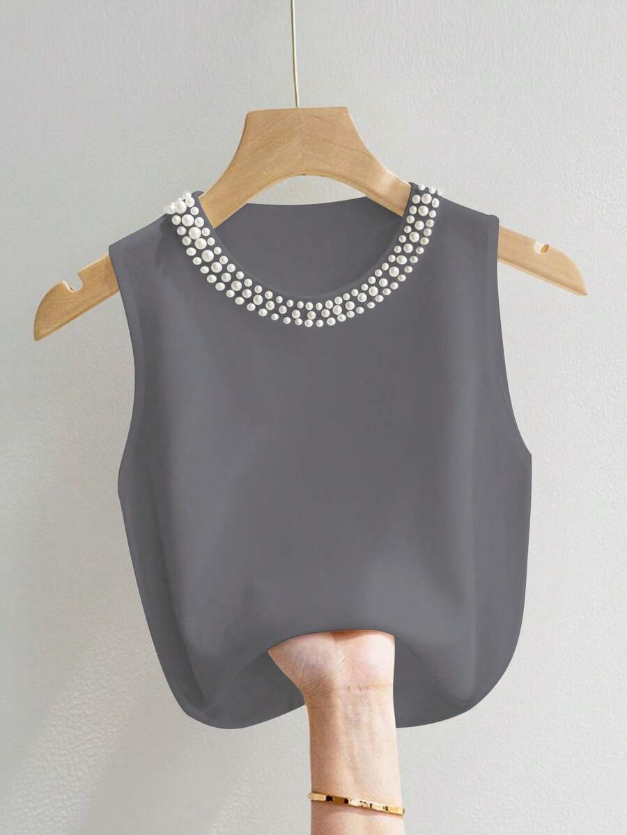 INAWLY 女士优雅通勤珍珠装饰上衣 - 深灰色 - 查看 1