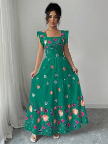 Elenzga Đầm suông cổ vuông tay lửng in họa tiết nhiều màu sắc thời trang đi nghỉ thường ngày cho nữ - màu xanh lá - Xem 5