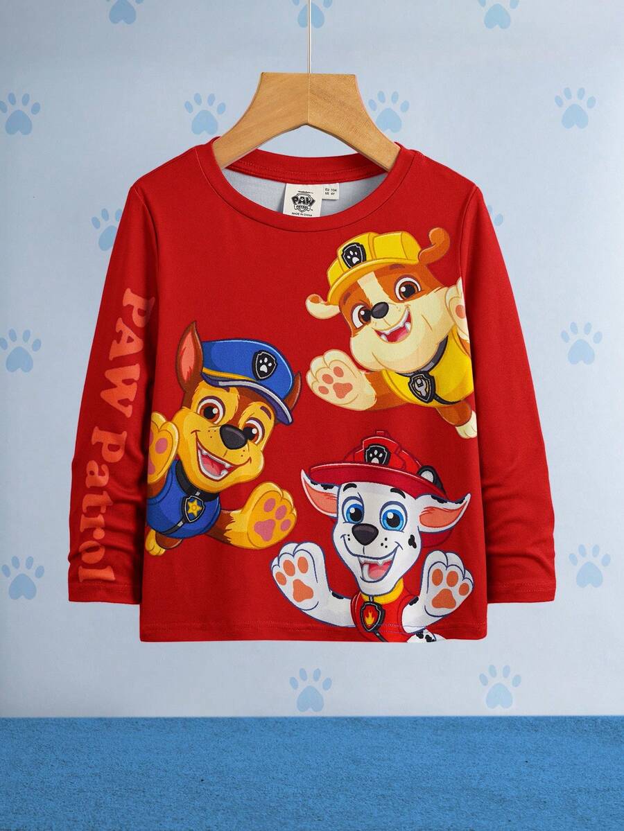 SHEIN | PAW Patrol Young Boy Casual Cartoon Dog Print Round Neck Long Sleeve Knit T-Shirt, Spring/Autumn - Red - View 1