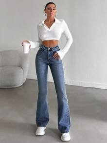 SHEIN 98%纯棉女士修身喇叭牛仔裤（高个尺码） - 中等水洗藍 - 查看 4