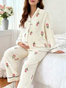 Moonlight&Mama 女士浪漫郁金香印花舒适V领开衫长裤孕妇睡衣套装，秋冬款